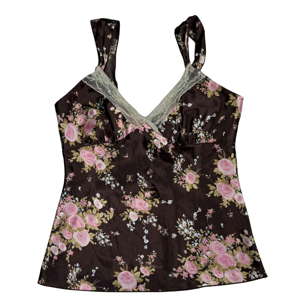 VTG Y2K Eyeshadow Floral Lace Trim Camisole Chocolate Brown Pink Satin Feel Sz M
